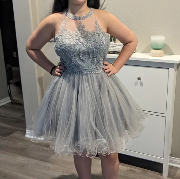 Juniors size large silver knee length dress